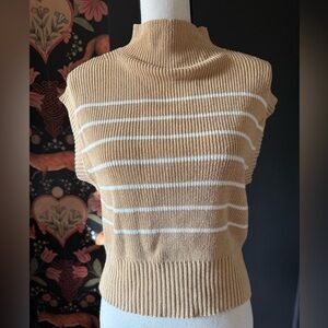 Anthropologie Maeve Amara Mock Neck Short Sleeve Sweater Top Tan Stripe XS